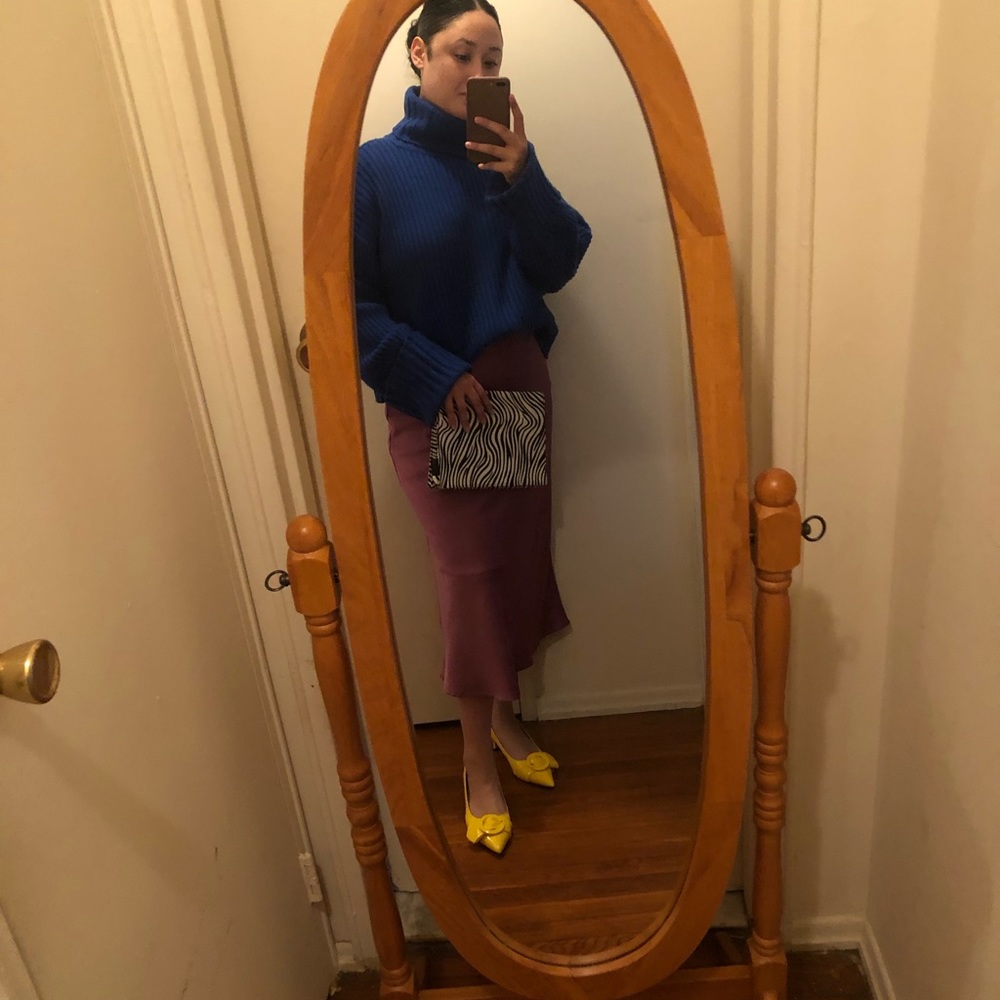 Royal blue turtle, purple slip skirt and yellow shoes added zebra print purse
